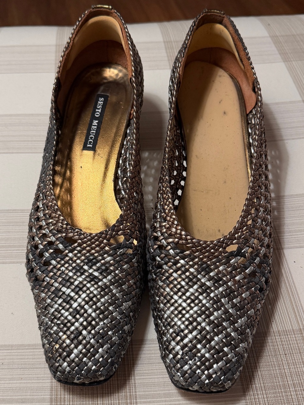 Vintage Sesto Meucci Silver Brown Woven Leather Flats